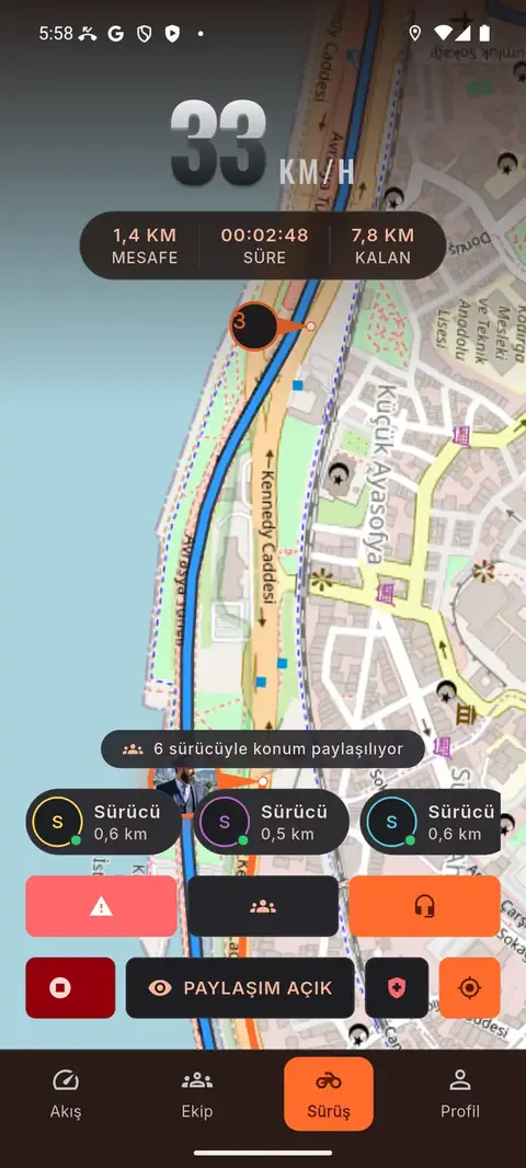 Telsiz açıkken grup sürüşü ekranı