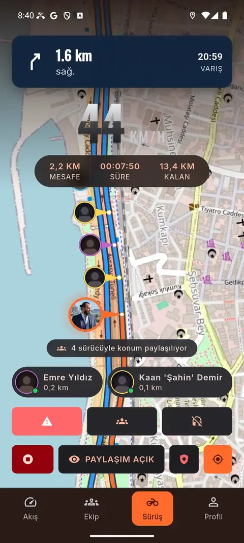Canlı grup sürüşü ekranı: haritada dört sürücünün konumu, mesafe ve varış saati