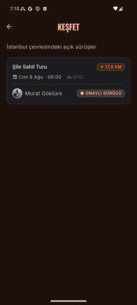 Keşfet ekranı: yakındaki açık sürüşler
