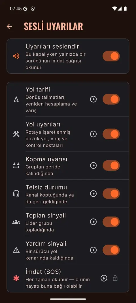 Sesli uyarı ayarları ekranı